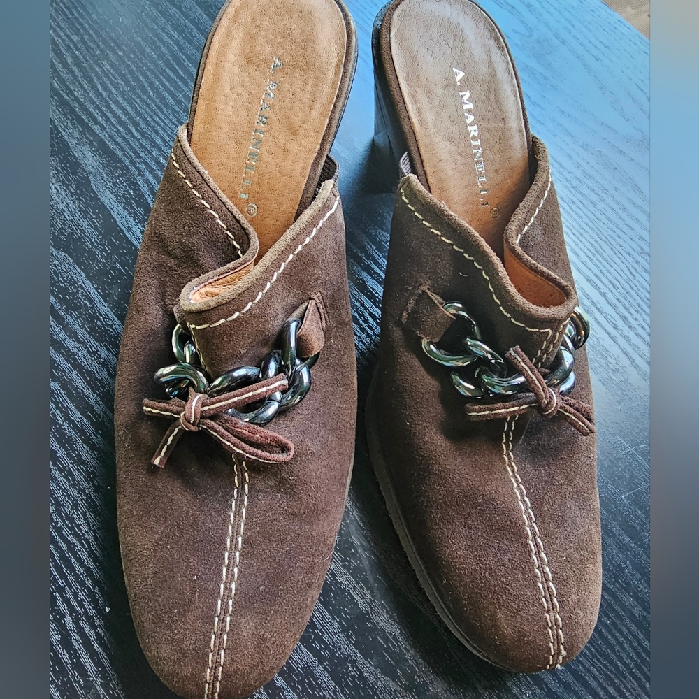 A. Marinelli Brown Suede Mules with Chain Detail Women's Sz 8M